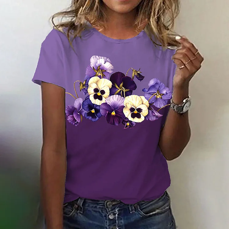 VChics Women's Purple Floral Print Round Neck T-Shirt