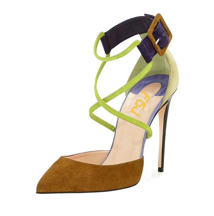 Women's Khaki Stiletto Heels Crossed-over Straps Pumps Shoes |FSJ Shoes