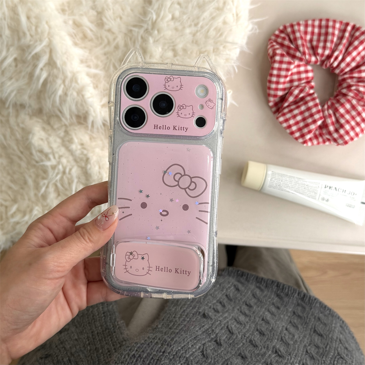 甘い立体猫耳とかわいいキティちゃん顔文字 iPhone 17 Pro Max / 16