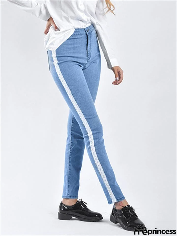 Spring Autumn Pretty White Pearl Woven Tape Thin Denim Jeans for Women