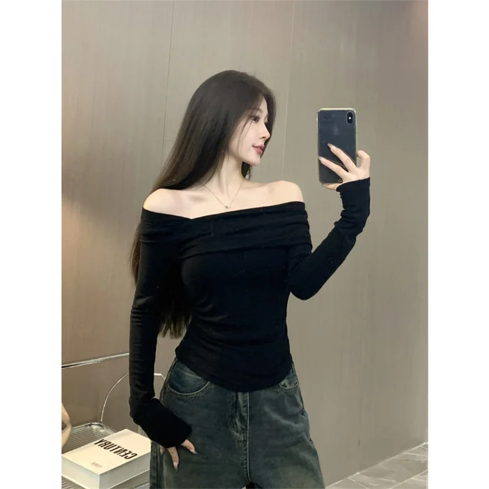 Uveng Uveng Desire Sexy Hot Girl De Long Sleeve Bottom Shirt Jacket Female 2024 Slim Velvet Inclined Collar A Word Shoulder T-Shirt Tide