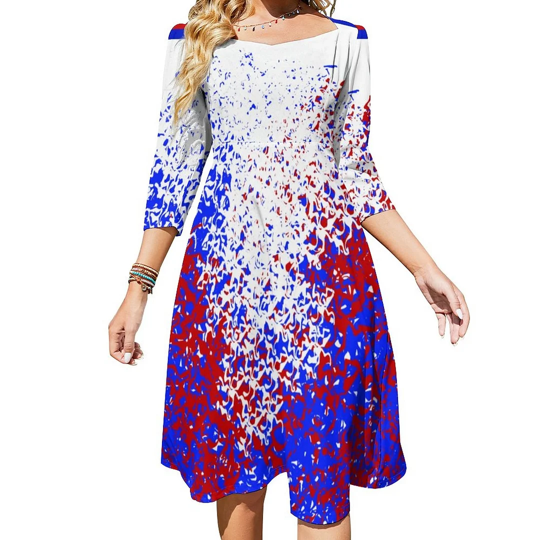 Red White And Blue Dress Sweetheart Tie Back Flared 3/4 Sleeve Midi Dresses