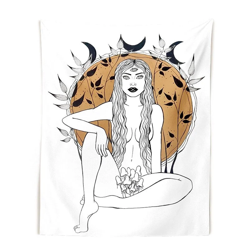 Mushroom queen Tapestry Wall Hanging crystals botanical fungi art black White witchy Living Room Psychedelic Wall Art Decor