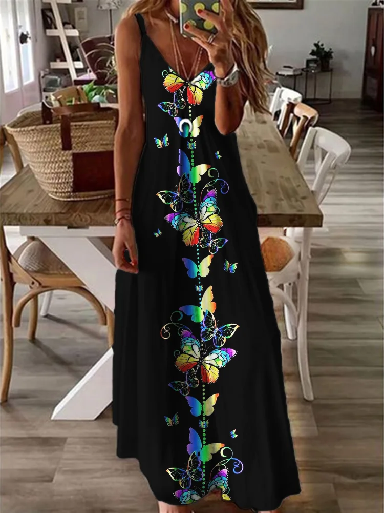 Rainbow Butterflies Art V Neck Cami Maxi Dress