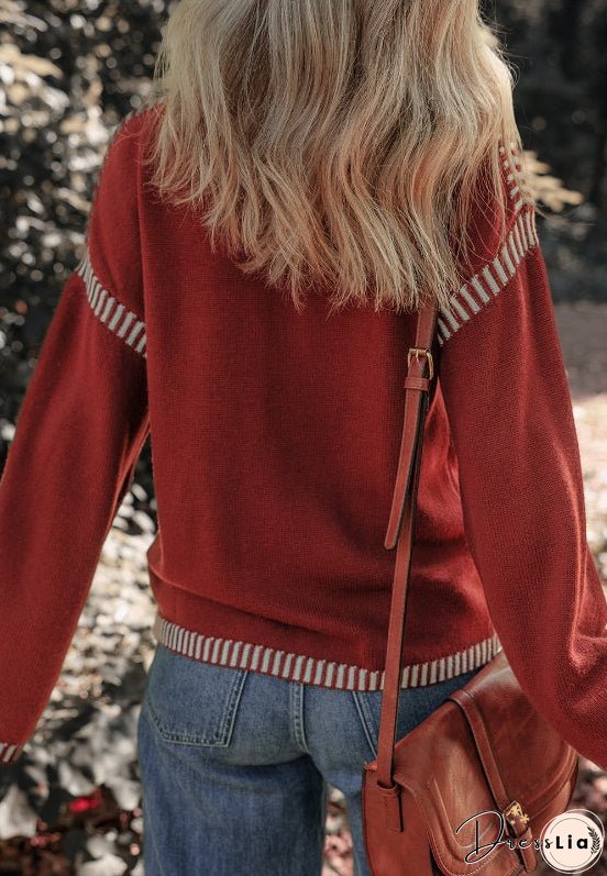 Striped Detail Round Neck Dropped Shoulder Sweater