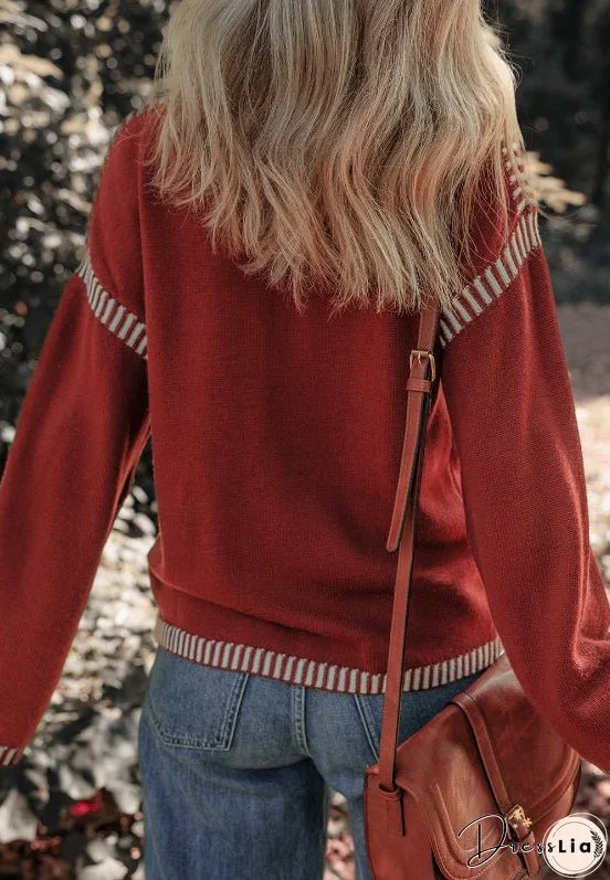 Striped Detail Round Neck Dropped Shoulder Sweater