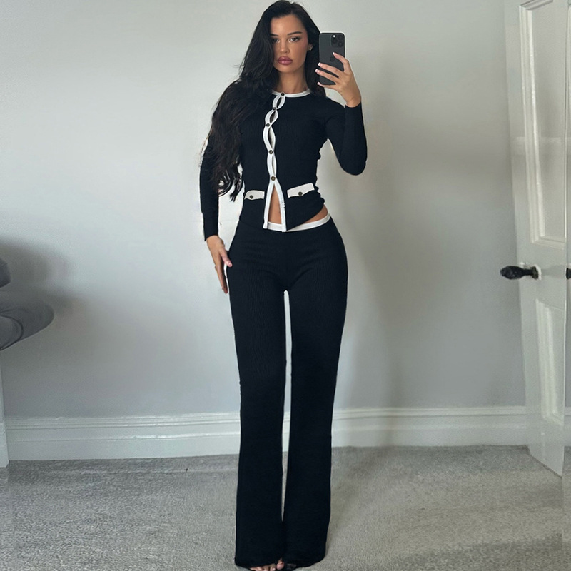 Contrast Trim Cardigan and Flare Pants Set - HIGIANNA&reg;