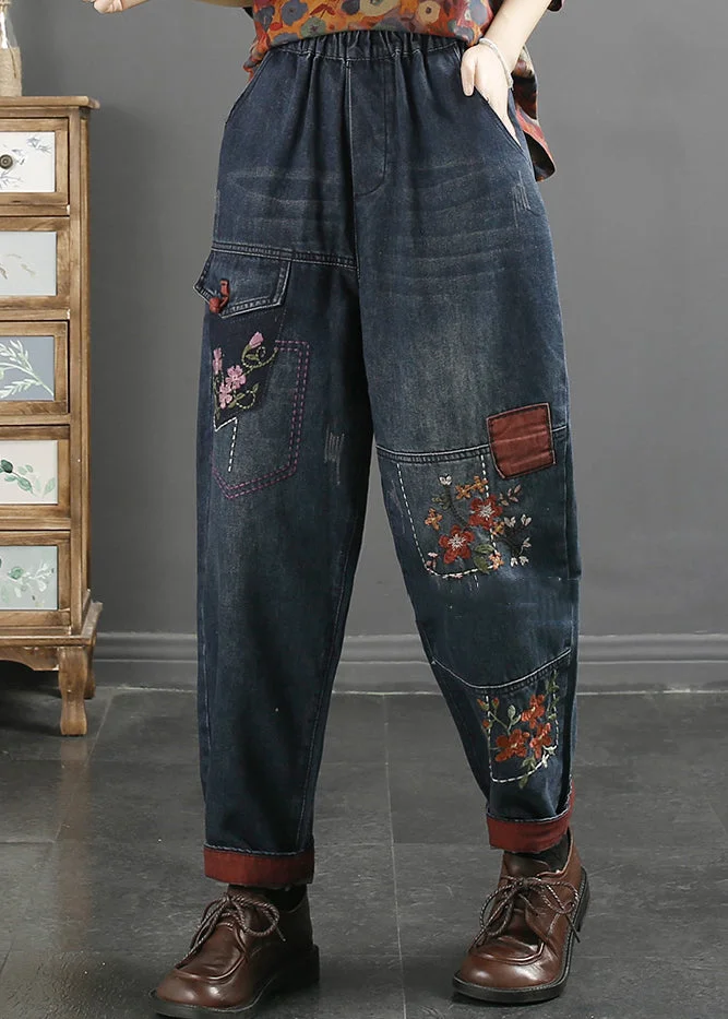 Loose Blue Embroideried Pockets Elastic Waist Jeans Fall