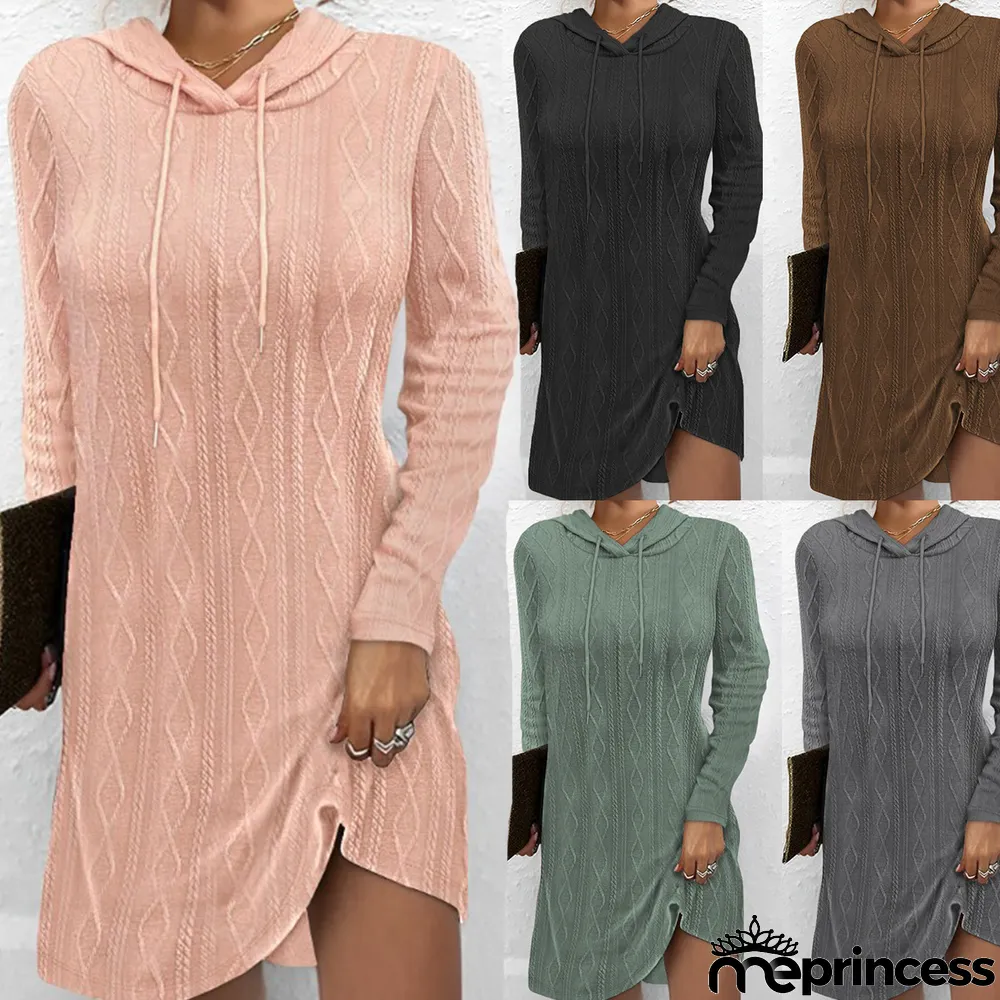 Elegant New Long-sleeved Hooded Solid Color Vintage Sweater Dress