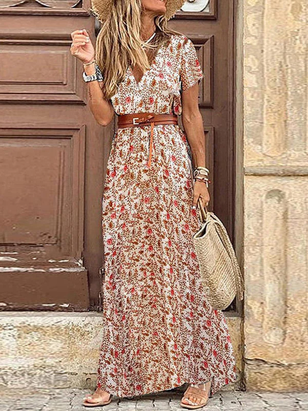 Women's Short Sleeve V-neck Geometric Printed Maxi Dress