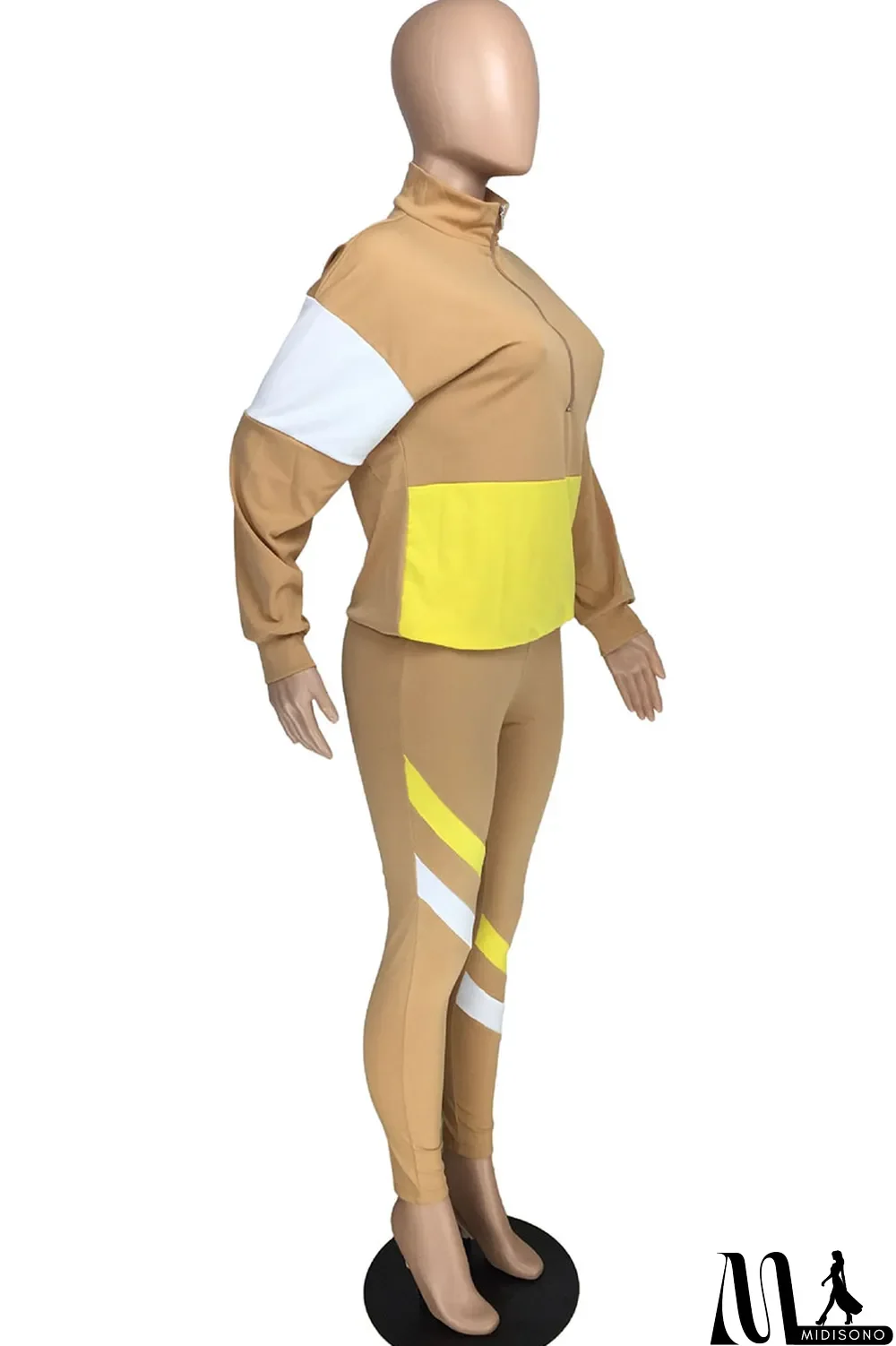 MidiSono - Fluorescent green Casual Striped Print Zippered Split Joint Mandarin Collar Long Sleeve Two Pieces