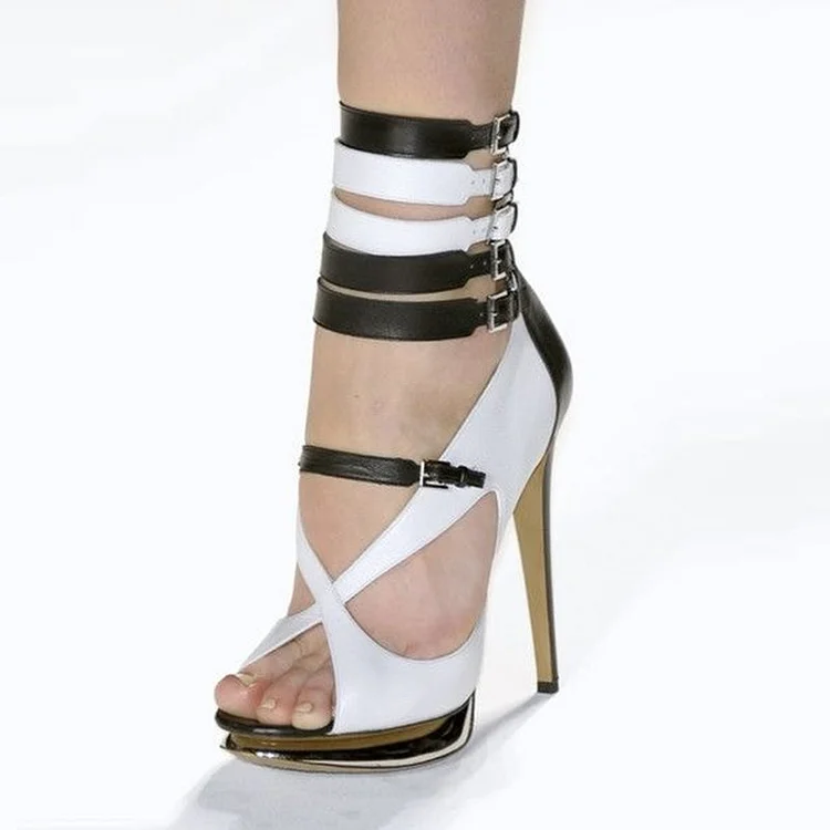 White Brown Peep Toe Platform Stiletto Sandals Vdcoo