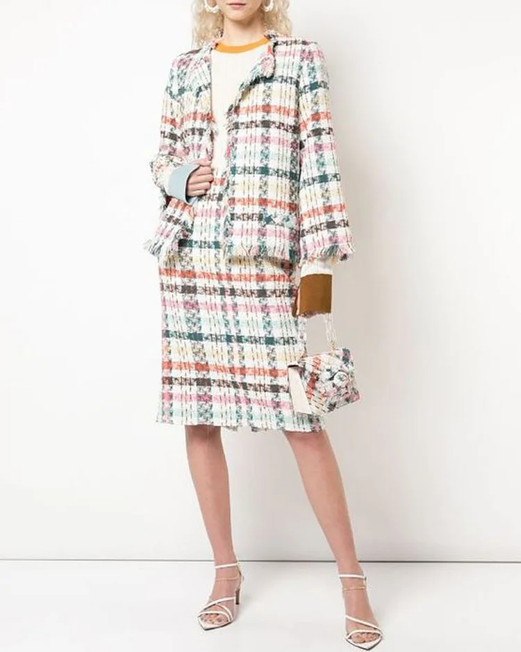 Elegant Plaid Tweed Jacket And Skirt Two-Piece Set