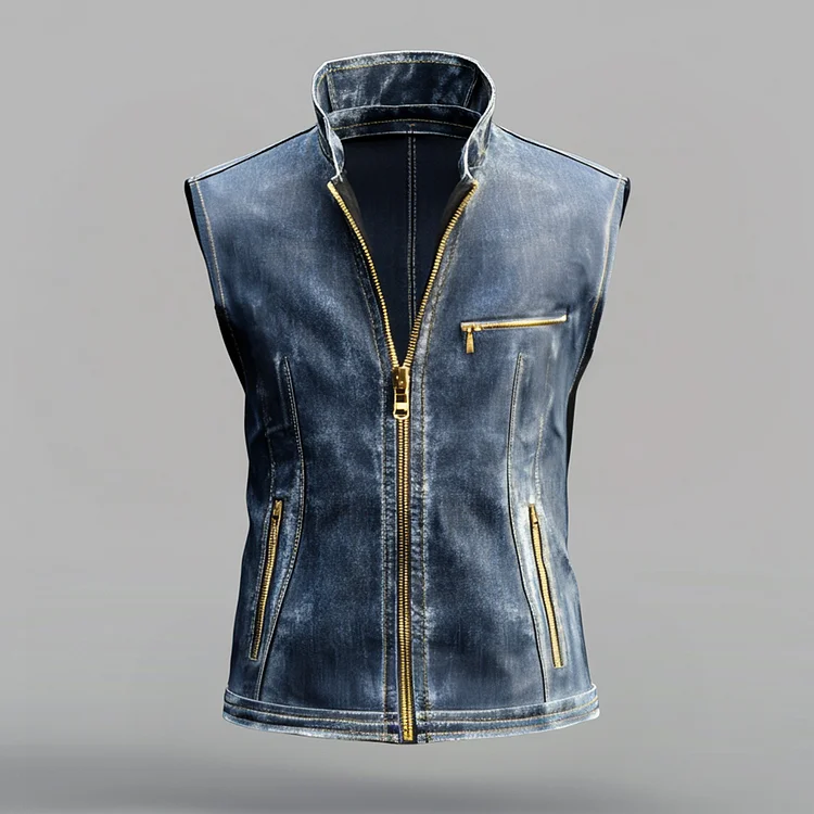 Okaywear Stand Collar Zip Up Pocket Denim Vest Okaywear