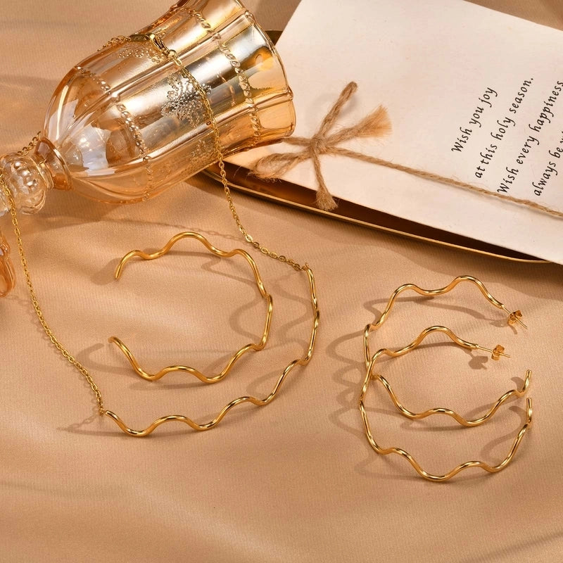 IG Style Minimalist Waves 304 Stainless Steel 18K Gold Plated Bangle Earrings Necklace