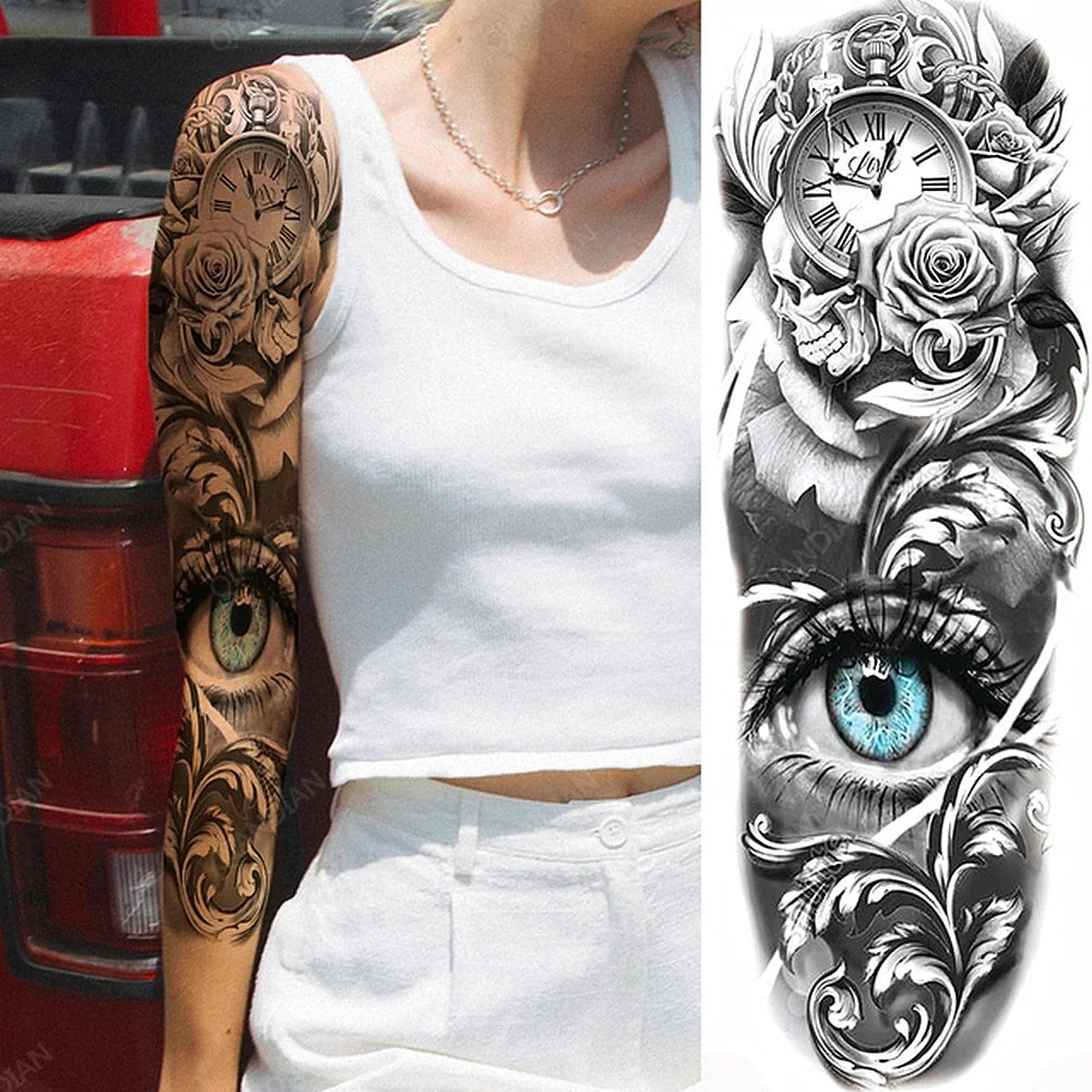 Large Arm Sleeve Tattoo Rose Lion Wolf Waterproof Temporary Tatto Sticker Flower Clock Waist Leg Body Art Full Fake Tatoo Women