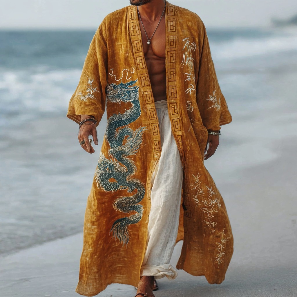 Men's Retro Japanese  Dragon Art Pattern Casual Long Kimono elevenforest