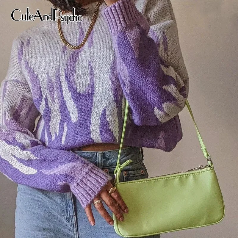 Autumn Fire Print Cute Sweaters Streetwear Casual Aesthetic Knitwear Crewneck Fashion Korean Kawaii Chic Pullovers Cuteandpsycho