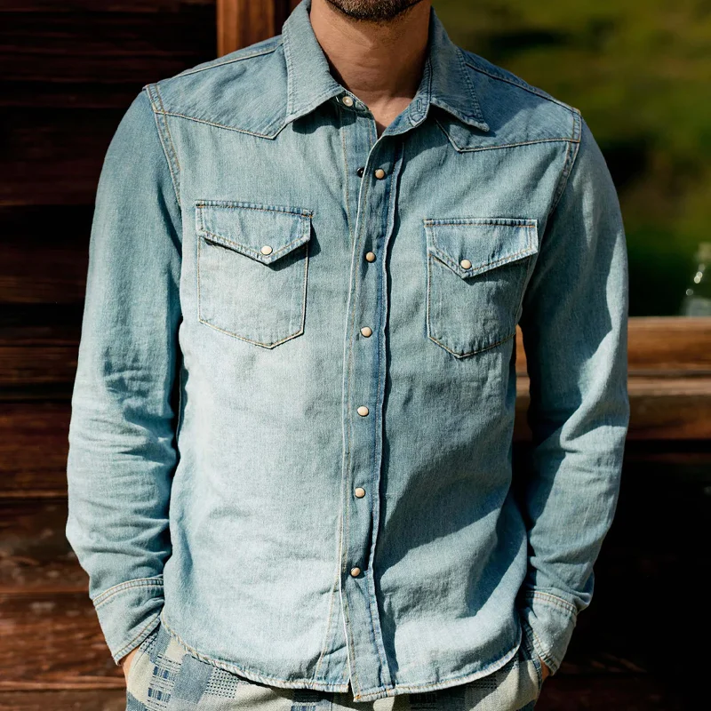 Vintage Classic Light Blue Lapel Denim Shirt
