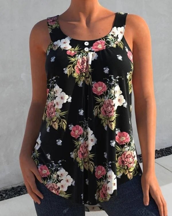 Floral Printed Black Wide Strap Tank Top