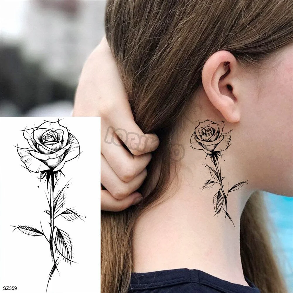Black Rose Flower Temporary Tattoos For Women Girls Realistic Cosmic Moon Thorns Fake Tattoo Sticker Forearm Tatoos Legs Wedding