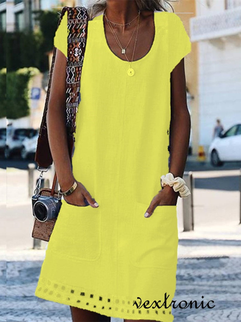 Women Half Sleeve V-neck Solid Color Dress