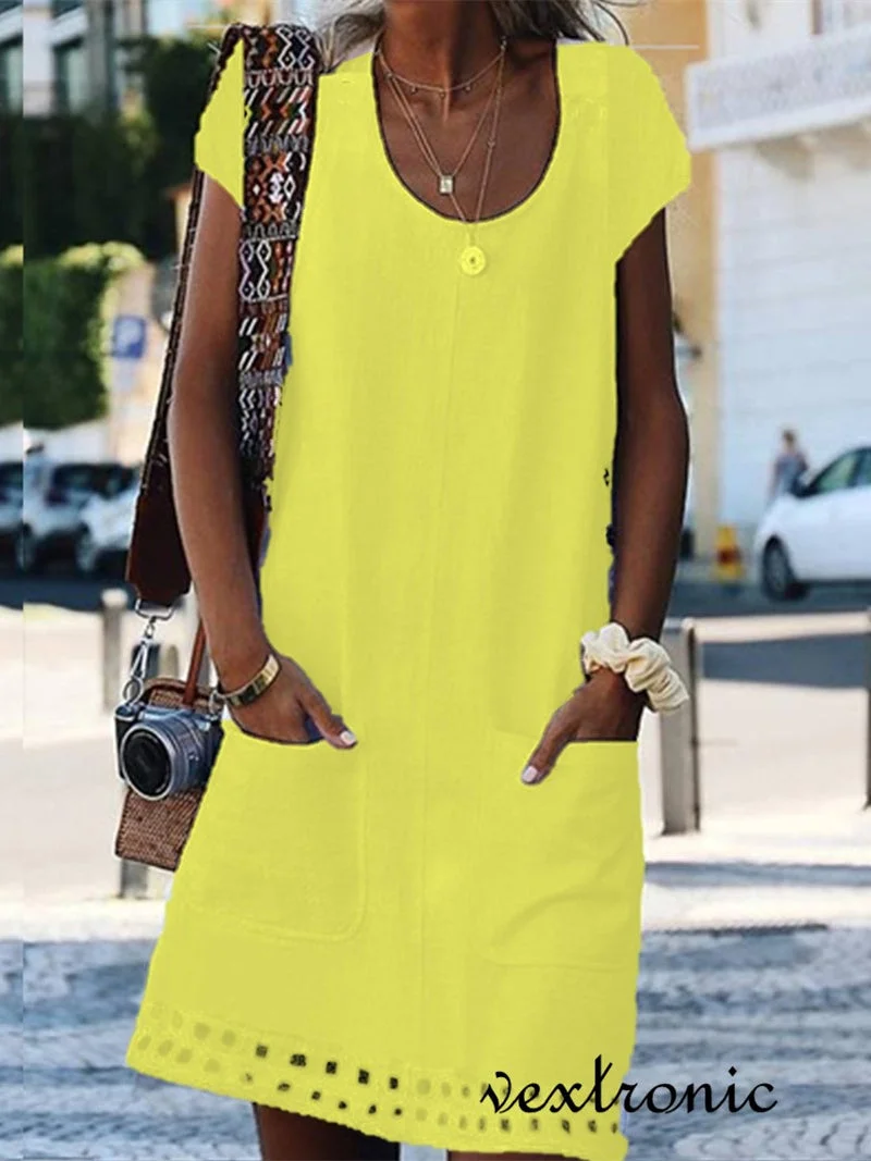 Women Half Sleeve V-neck Solid Color Dress