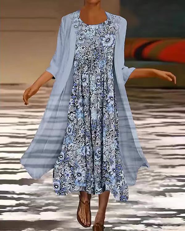 Mature Women Casual Printed Chiffon Dress Two-piece Set