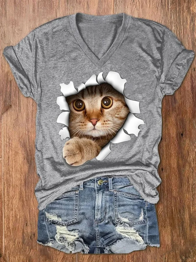 Women's Cute Cat Graphic Cat Lovers Casual V-Neck Tee