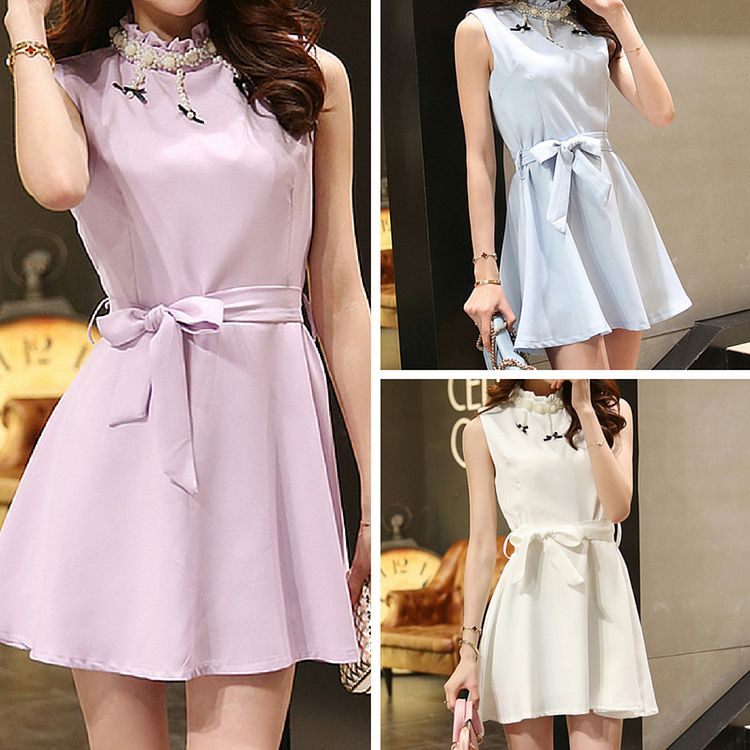 S-XL Beige/Blue/Purple Sweet Princess Sleeveless Dress SP165935