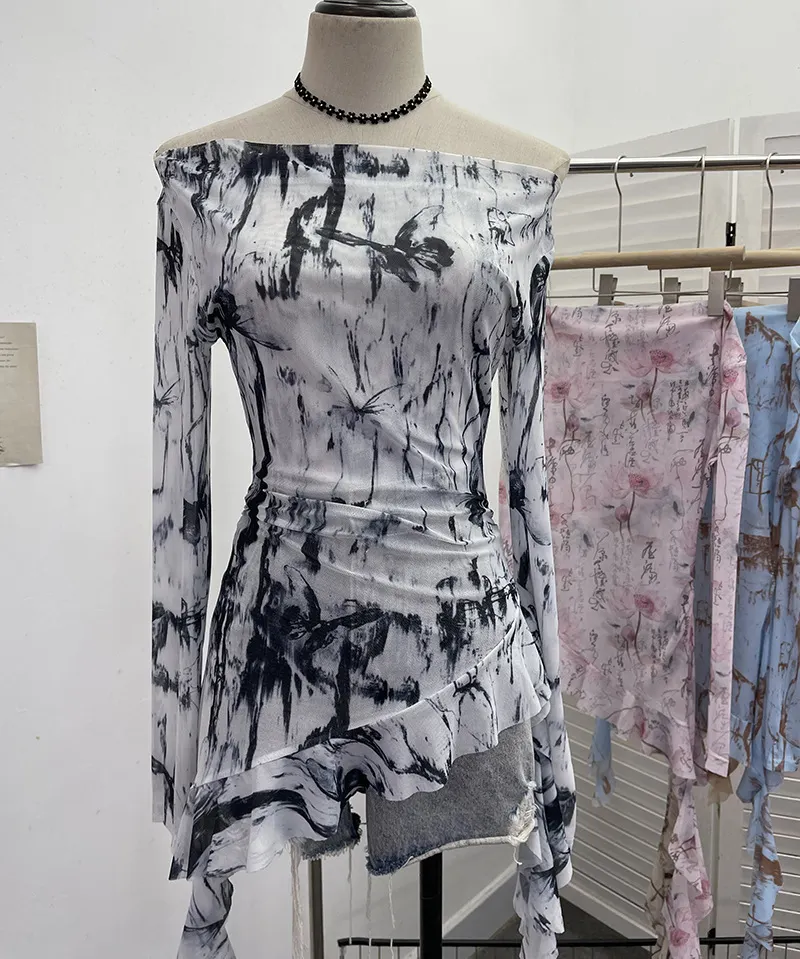 Brownm Purely Want A Word Shoulder Ink Print Tie-Dye Mesh Long-Sleeved Shirt Irregular Lotus Leaf Side Top 9936
