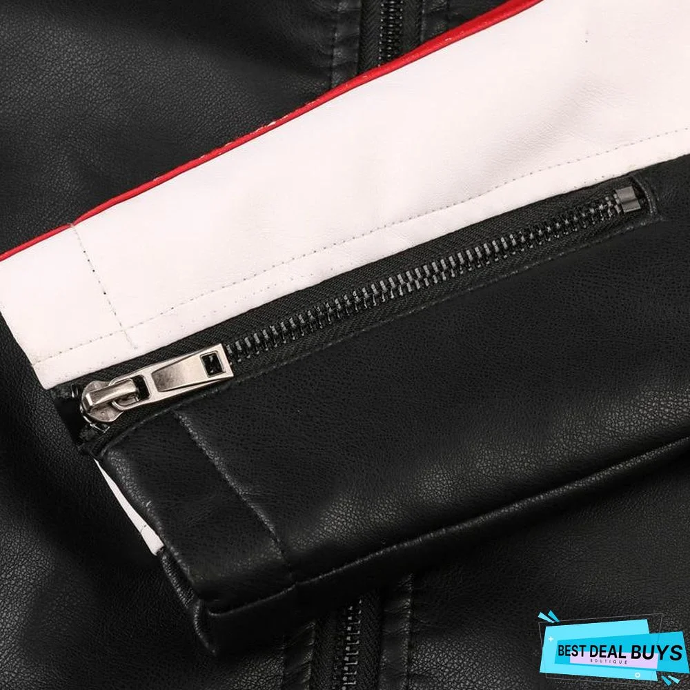 Men's Leather Jacket Casual Fashion Stand Collar Motorcycle Jacket Men Patchwork Quality Leather Jacket