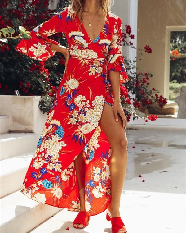 Women's Daily Floral Printed V Neck Chic Maxi Dress