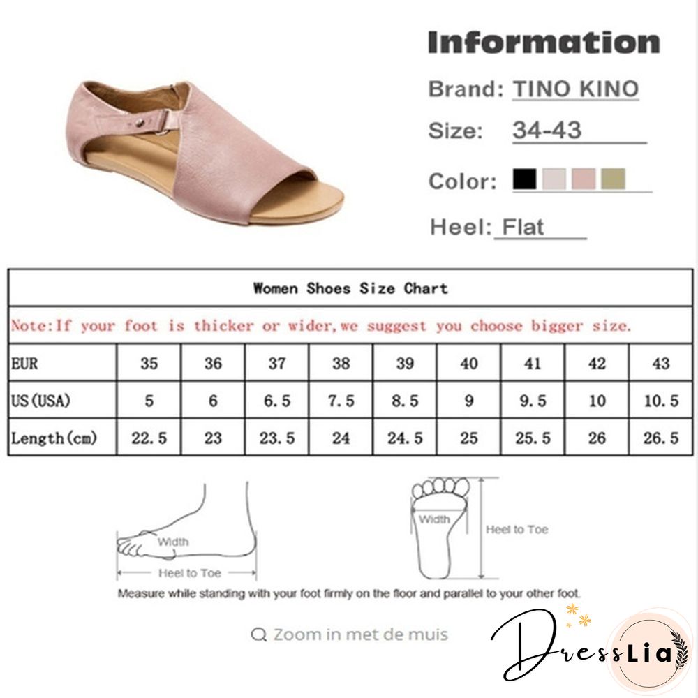 Plus Size Fashion Women's Leather Flat Sandals Buckle Strap Slippers Fish Mouth Shoes