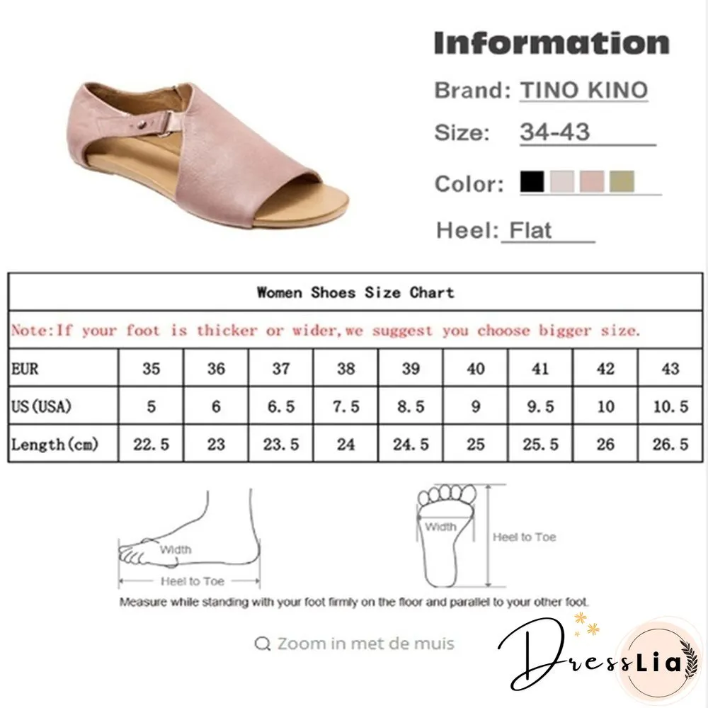 Plus Size Fashion Women's Leather Flat Sandals Buckle Strap Slippers Fish Mouth Shoes