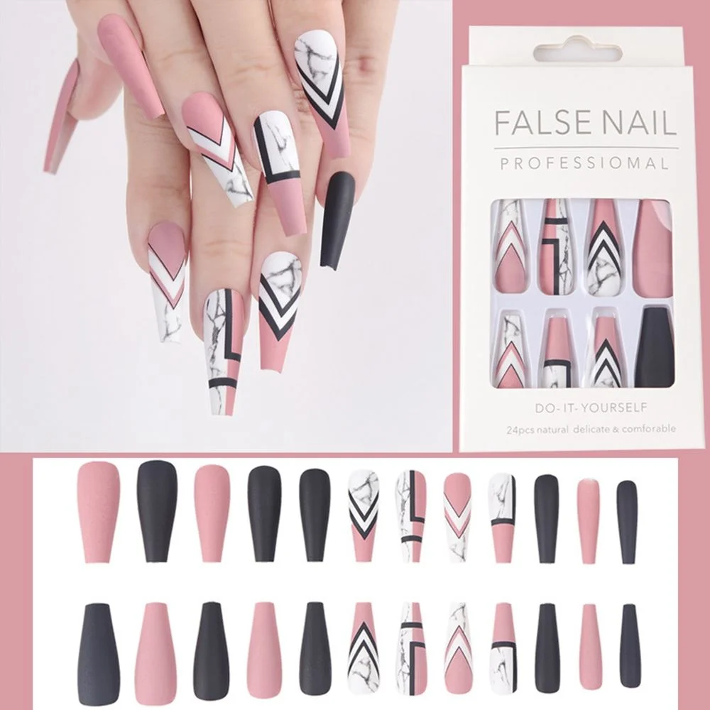 24pcs French Ballerina Fake Nails Detachable Mixed Pink Black Marble Coffin Shaped False Nails Geometric Press On Nails