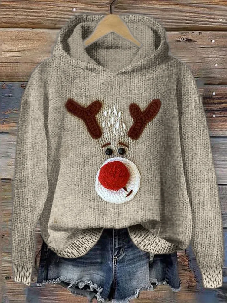 Comstylish Lovely Christmas Reindeer Cozy Knit Hoodie