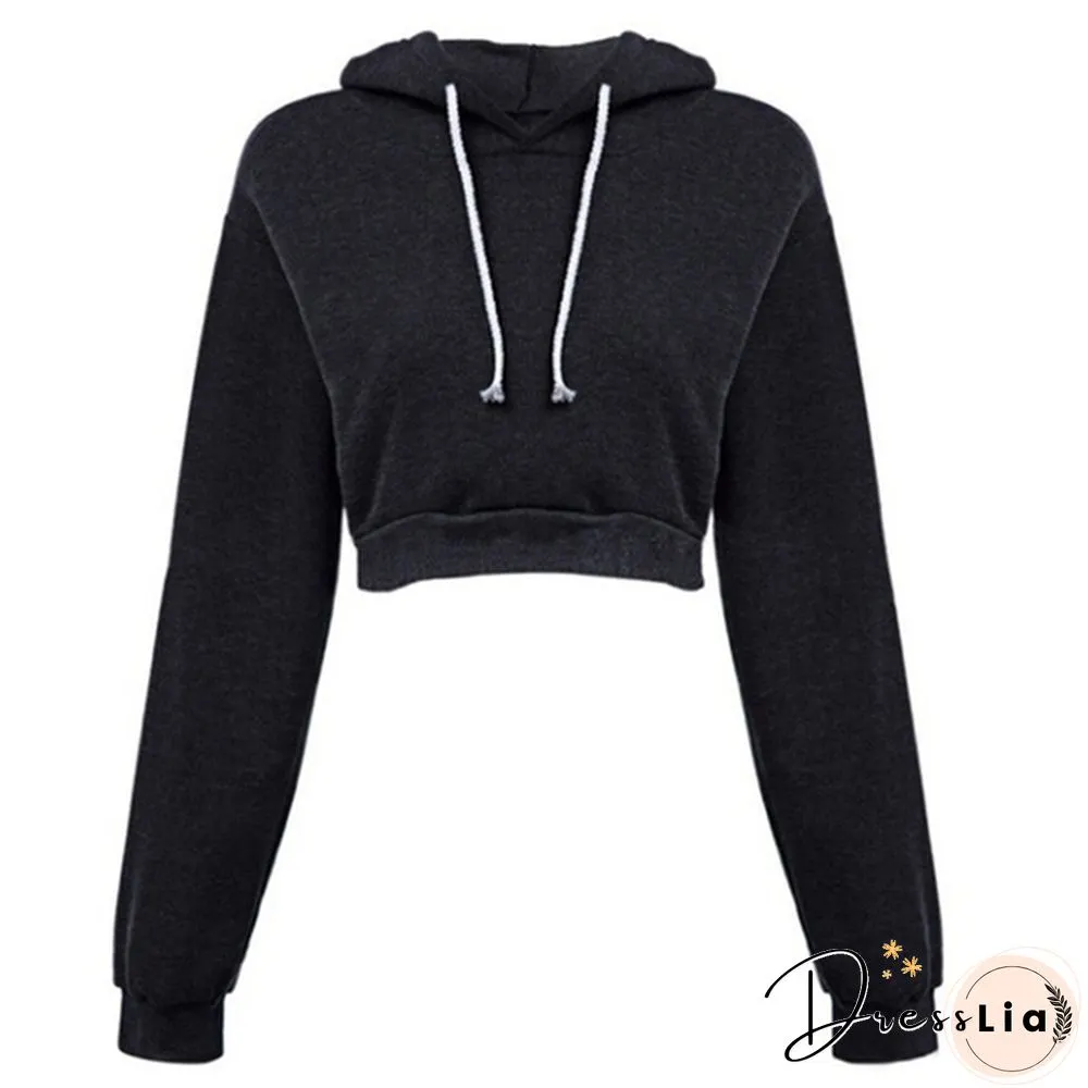 Fashion Womens Sexy Casual Cotton Plain Stitching Long Sleeve Hooded Short Sweatshirt Crop
