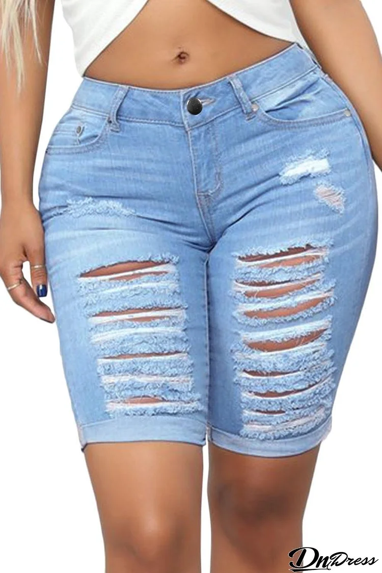 Light Blue Denim Ripped Bermuda Shorts