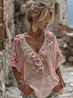 Bohemian Retro Floral Pattern Women's Short-sleeve Top