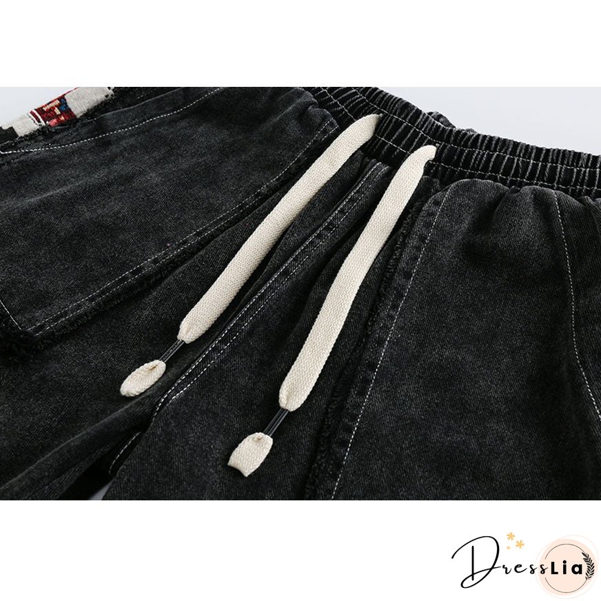 Ethnic Style Denim Patchwork Drawstring Shorts