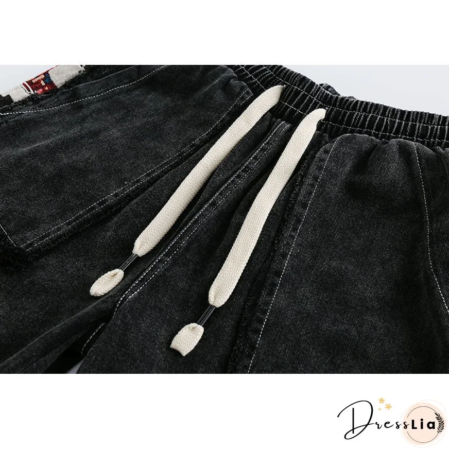 Ethnic Style Denim Patchwork Drawstring Shorts