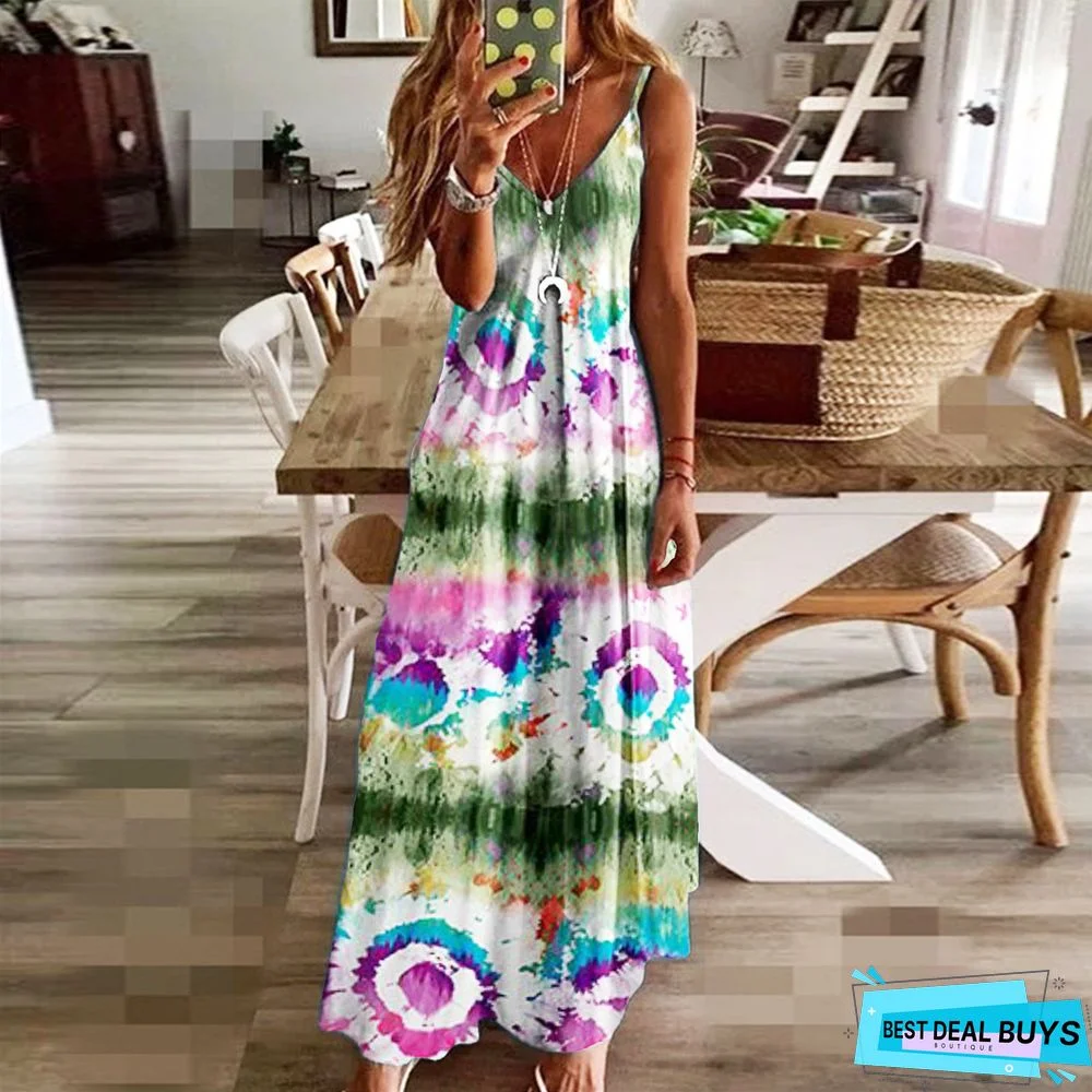 V-Neck Fashion Printed Loose Suspender Dress