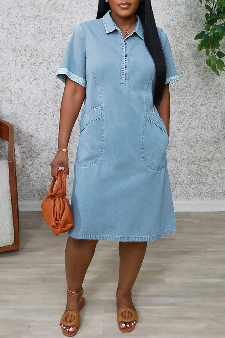 Plus Size Vacation Blue Shirt Collar Short Sleeve Casual Tencel Denim Midi Dresses [Pre-Order] 2024 - Xpluswear