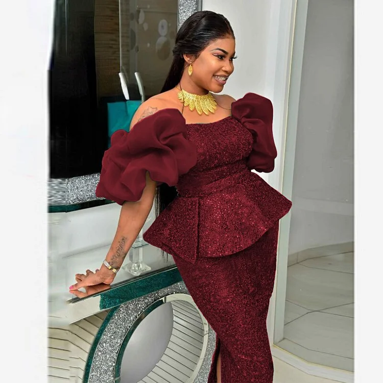 Burgundy Lace Dresses Plus Size Short Sleeve Off Shoulder Elegant Ladies Empire Peplum Midi Outfits for Women Evening Party 4XL QueenFunky