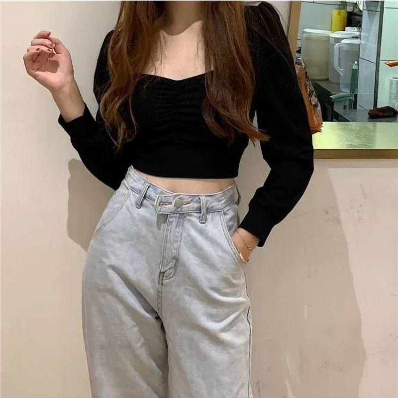 Knitted Cropped T Shirt  Vintage Top Women Puff sleeve Basic Tshirt Skinny Sexy Korean Fashion Clothes 2021
