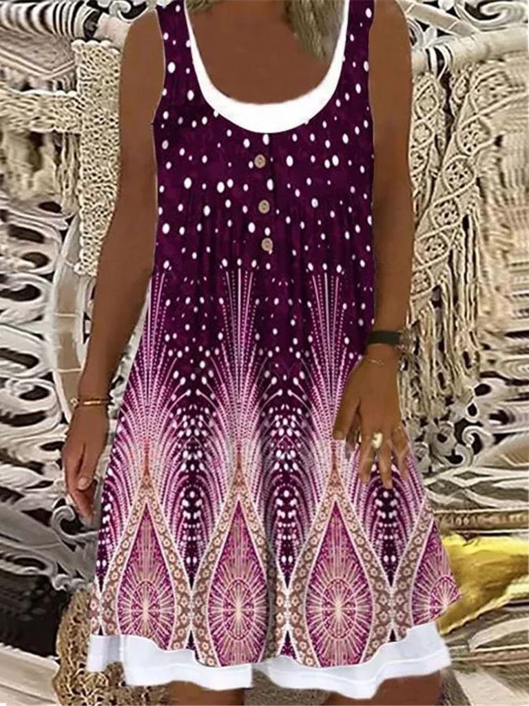 Women's Loose Fashion Polka Dot Floral Printed Stitching Sleeveless Midi Dress