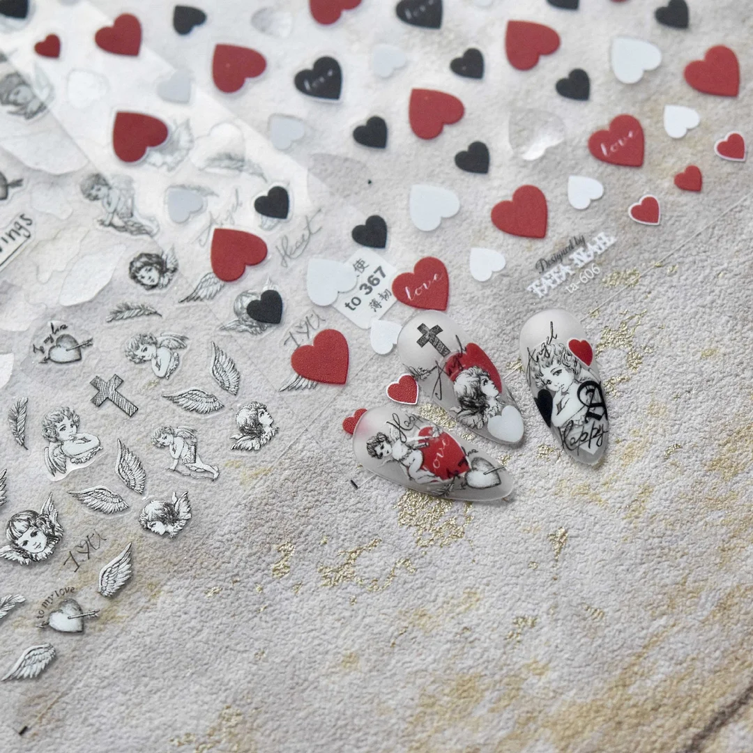 1PC 3D Design Nail Sticker Back Adhesive Engraved Decals Red/Black/White Color Mixed Love Heart for DIY Manicure Nail Decoration-Nail Inspo