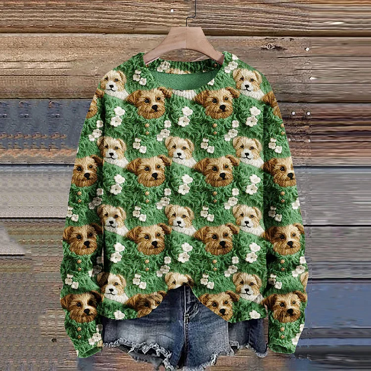 VChics St. Patrick's Day Dog Art Print Knit Pullover Sweater