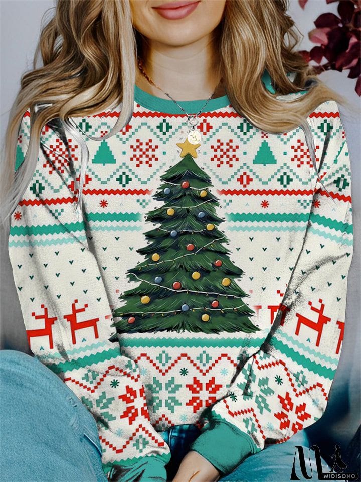 MidiSono - Women's Lovely Christmas Cartoon Print Round Neck Sweatshirt